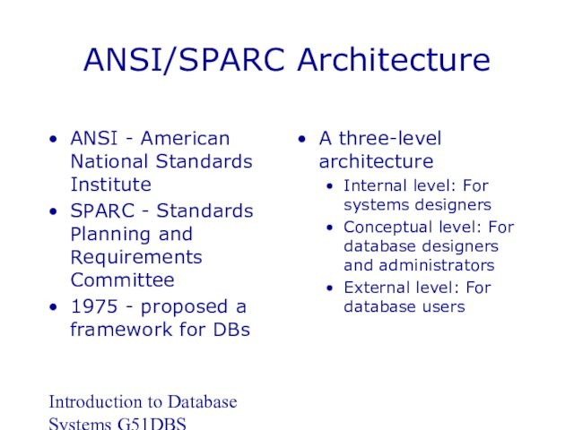 Introduction to Database Systems G51DBSANSI/SPARC ArchitectureANSI - American National Standards InstituteSPARC - Standards Planning and