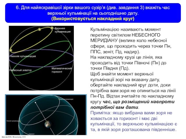 Данилюк В.М., Вільногірськ, 2012 6. Для найяскравішої зірки вашого сузір’я (див. завдання 3) вкажіть час