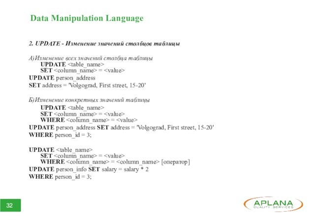 Data Manipulation Language2. UPDATE - Изменение значений столбцов таблицыA)Изменение всех значений столбца таблицы UPDATE