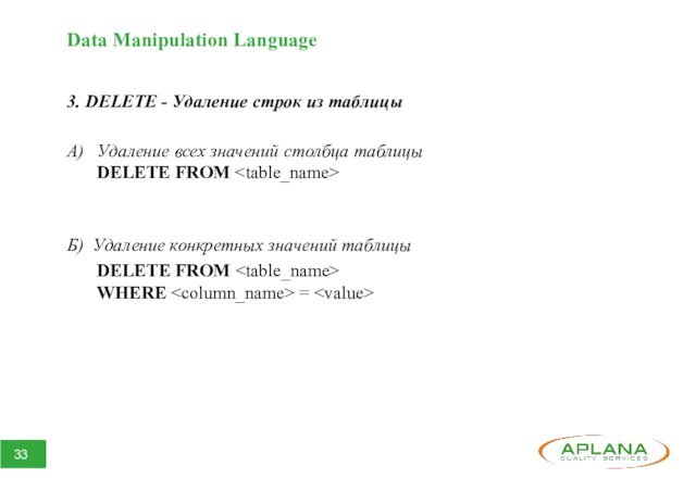 Data Manipulation Language3. DELETE - Удаление строк из таблицы А)	Удаление всех значений