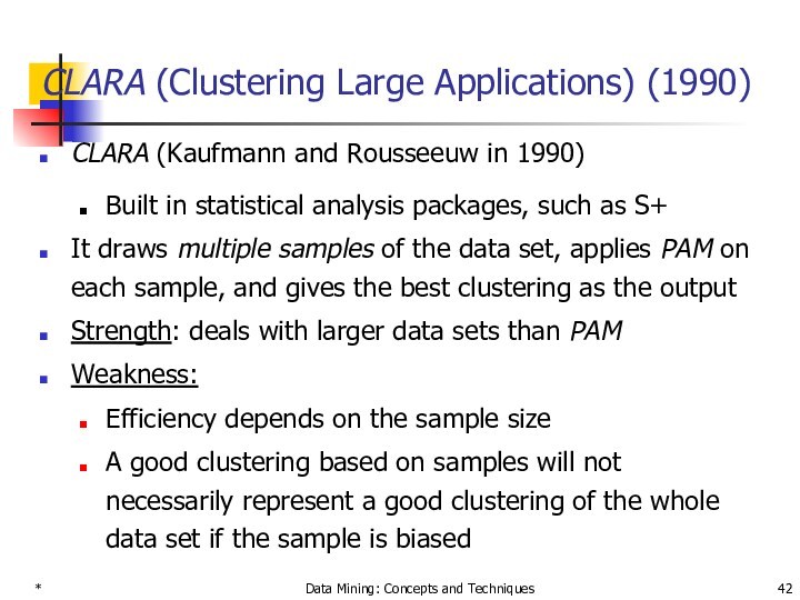*Data Mining: Concepts and TechniquesCLARA (Clustering Large Applications) (1990)CLARA (Kaufmann and Rousseeuw in 1990)Built in
