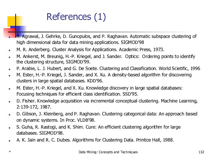 *Data Mining: Concepts and TechniquesReferences (1)R. Agrawal, J. Gehrke, D. Gunopulos, and P. Raghavan. Automatic
