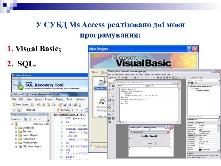 У СУБД Ms Access реалізовано дві мови програмування:   Visual Basic;  SQL.