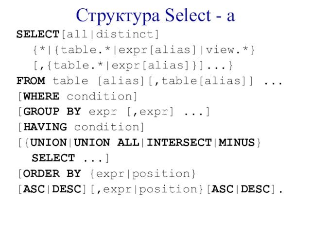 Структура Select - аSELECT[all|distinct] 		{*|{table.*|expr[alias]|view.*}		[,{table.*|expr[alias]}]...}FROM table [alias][,table[alias]] ...[WHERE condition][GROUP BY expr [,expr]