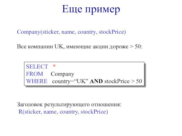 Company(sticker, name, country, stockPrice)Все компании UK, имеющие акции дороже > 50:Заголовок результирующего