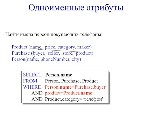 Одноименные атрибутыProduct (name, price, category, maker)Purchase (buyer, seller, store, product)Person(name, phoneNumber, city)Найти