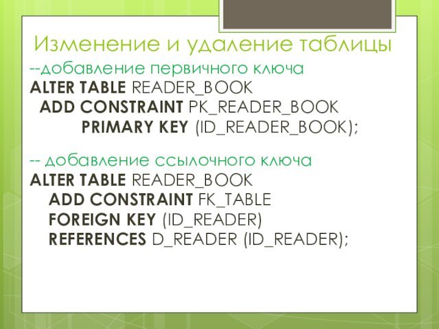 Изменение и удаление таблицы--добавление первичного ключаALTER TABLE READER_BOOK ADD CONSTRAINT PK_READER_BOOK