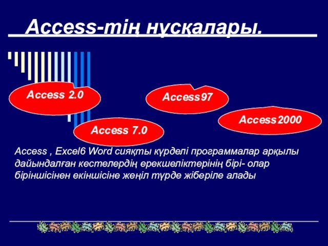 Access-тің нұсқалары.Access , Excel6 Word сияқты күрделі программалар арқылы дайындалған кестелердің ерекшеліктерінің