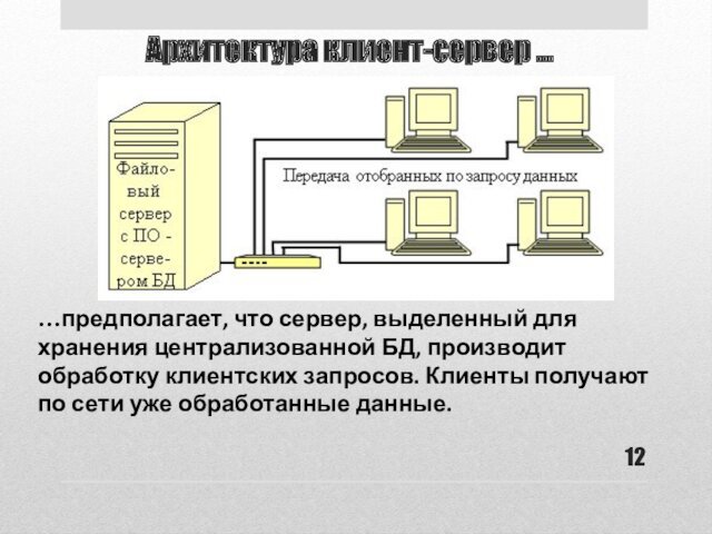 Архитектура клиент-сервер ... …предполагает, что сервер, выделенный для хранения централизованной БД,