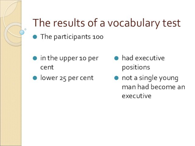 The results of a vocabulary test The participants 100in the upper 10 per cent lower 25