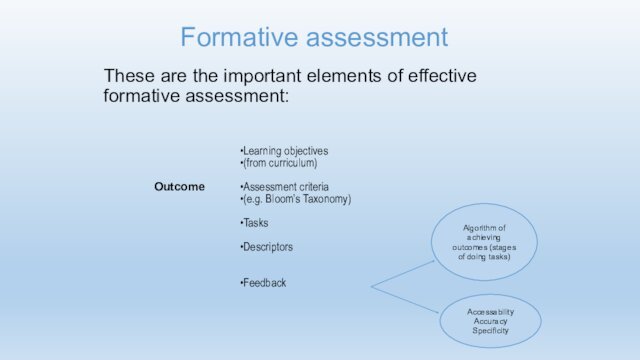 These are the important elements of effective formative assessment:Formative assessmentLearning objectives(from curriculum)Assessment