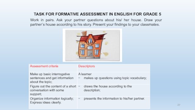 TASK FOR FORMATIVE ASSESSMENT IN ENGLISH FOR GRADE 5Work in pairs. Ask