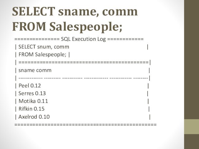SELECT sname, comm FROM Salespeople;=============== SQL Execution Log ============| SELECT snum, comm