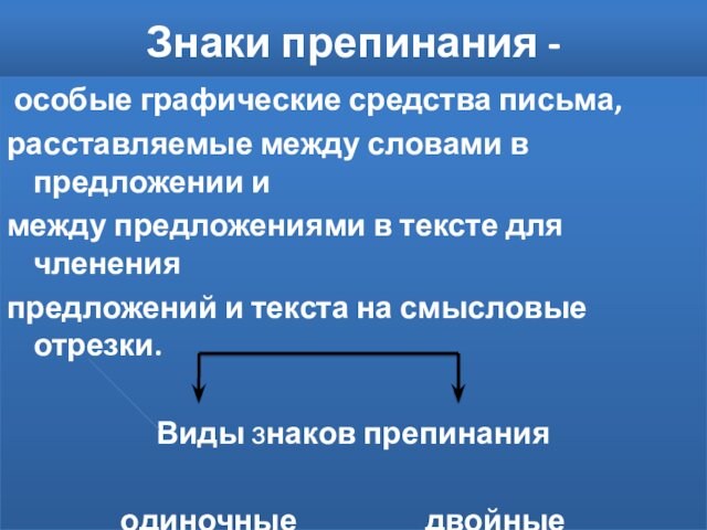 Знаки препинания - особые графические средства письма,расставляемые между словами в предложении имежду предложениями в тексте