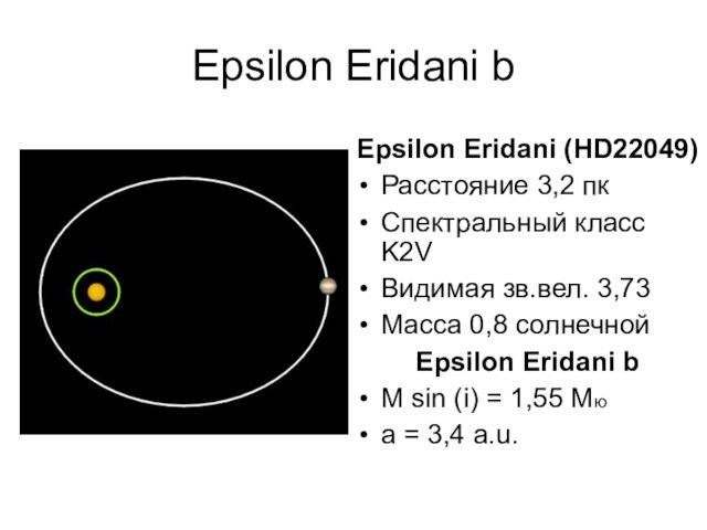 3,73Масса 0,8 солнечнойEpsilon Eridani bM sin (i) = 1,55 Mюa = 3,4 a.u.