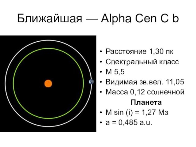 Ближайшая — Alpha Cen C b Расстояние 1,30 пкСпектральный класс M 5,5Видимая зв.вел. 11,05Масса 0,12 солнечнойПланетаM