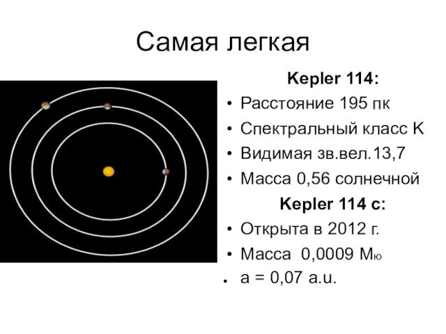 Самая легкаяKepler 114: Расстояние 195 пкСпектральный класс KВидимая зв.вел.13,7Масса 0,56 солнечнойKepler 114 c:Открыта в 2012 г.Масса