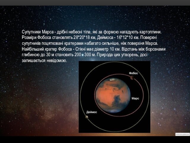 Розміри Фобоса становлять 28*20*18 км, Деймоса - 16*12*10 км. Поверхні супутників поцятковані кратерами набагато сильніше,