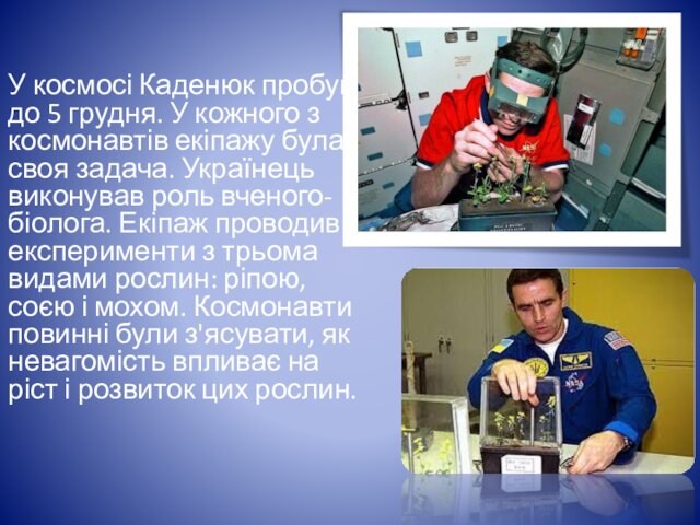 У космосі Каденюк пробув до 5 грудня. У кожного з космонавтів екіпажу була своя задача. Українець