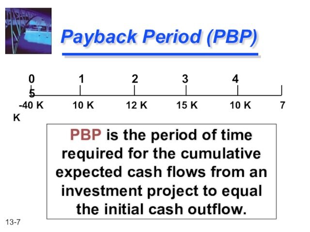 Payback Period (PBP)PBP is the period of time required for the cumulative expected cash flows from