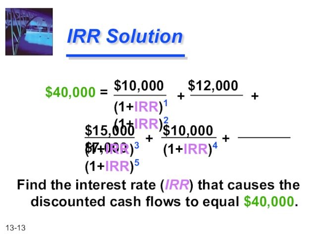 $12,000(1+IRR)1  (1+IRR)2Find the interest rate (IRR) that causes the discounted