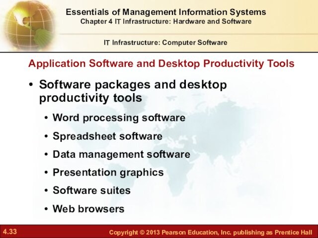 processing softwareSpreadsheet softwareData management softwarePresentation graphicsSoftware suitesWeb browsersIT Infrastructure: Computer SoftwareEssentials of Management Information SystemsChapter