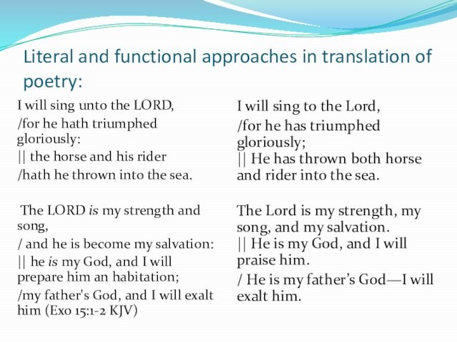 Literal and functional approaches in translation of poetry: I will sing unto the LORD, /for he