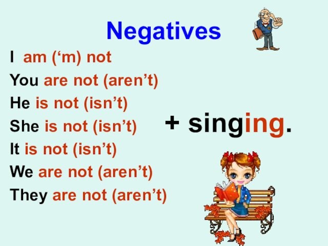Negatives I am (‘m) notYou are not (aren’t)He is not (isn’t)She is not (isn’t)It is not