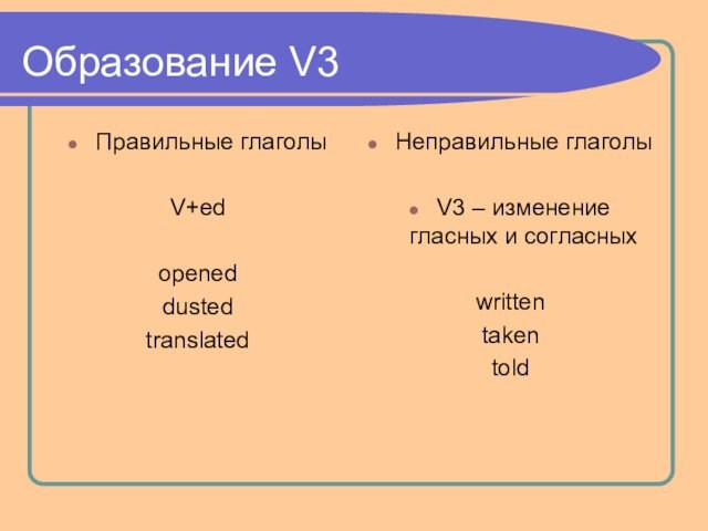 Образование V3Правильные глаголыV+edopeneddustedtranslatedНеправильные глаголыV3 – изменение гласных и согласных writtentakentold