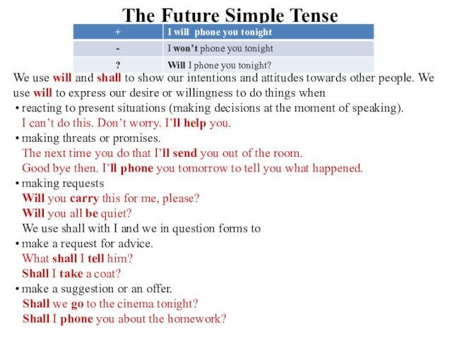 The Future Simple Tense We use will and shall to show our intentions and attitudes