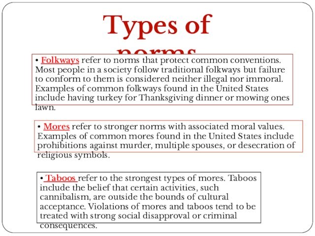 Types of norms• Folkways refer to norms that protect common conventions. Most people in a society