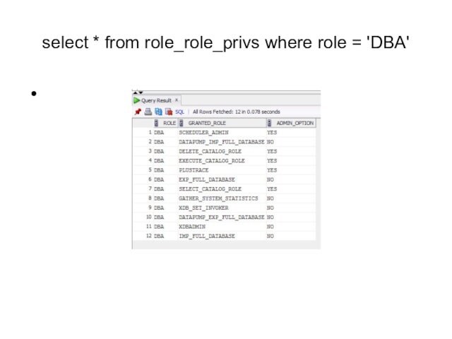 select * from role_role_privs where role = 'DBA'