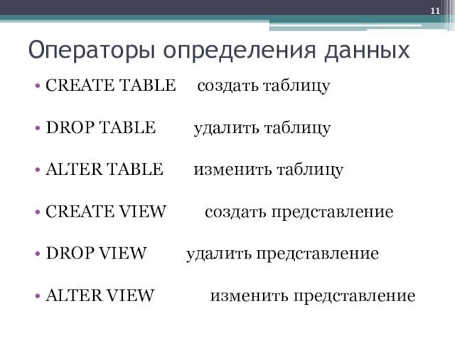 Операторы определения данныхCREATE TABLE   создать таблицуDROP TABLE     удалить таблицуALTER TABLE
