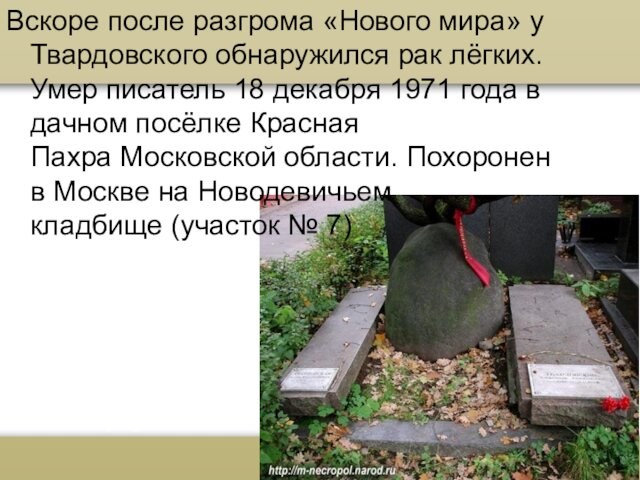 декабря 1971 года в дачном посёлке Красная Пахра Московской области. Похоронен в Москве на Новодевичьем кладбище (участок № 7)
