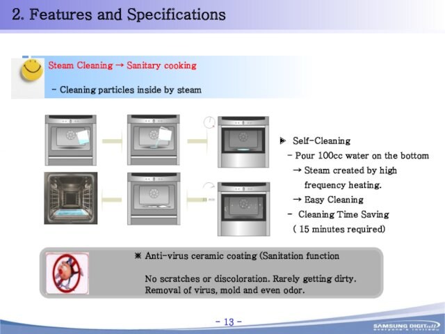 Steam Cleaning → Sanitary cooking  - Cleaning particles inside by steam