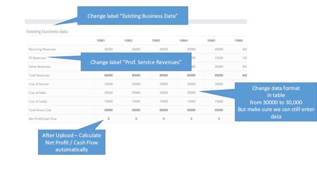 “Existing Business Data”Change label “Prof. Service Revenues”Change data format in table from 30000