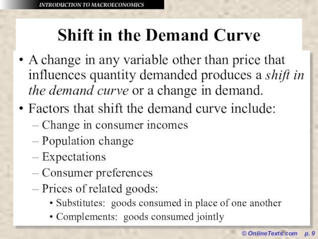 any variable other than price that influences quantity demanded produces a shift in the demand