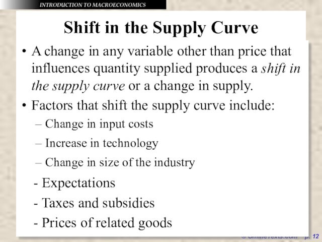 © OnlineTexts.com  p. Shift in the Supply CurveA change in any variable other than price