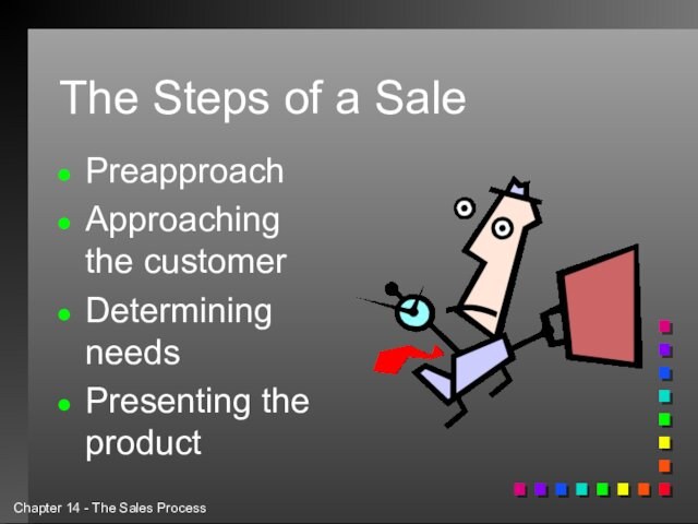The Steps of a SalePreapproach Approaching the customerDetermining needsPresenting the product