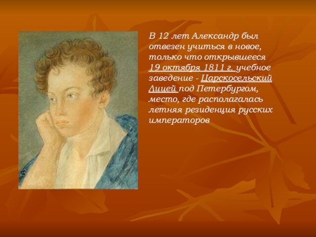 В 12 лет Александр был отвезен учиться в новое, только что открывшееся 19 октября 1811 г.