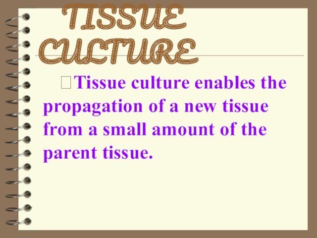 TISSUE CULTURE  Tissue culture enables the propagation of a new tissue from