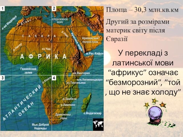 Площа – 30,3 млн.кв.кмДругий за розмірами материк світу після ЄвразіїУ перекладі з латинської мови “африкус” означає