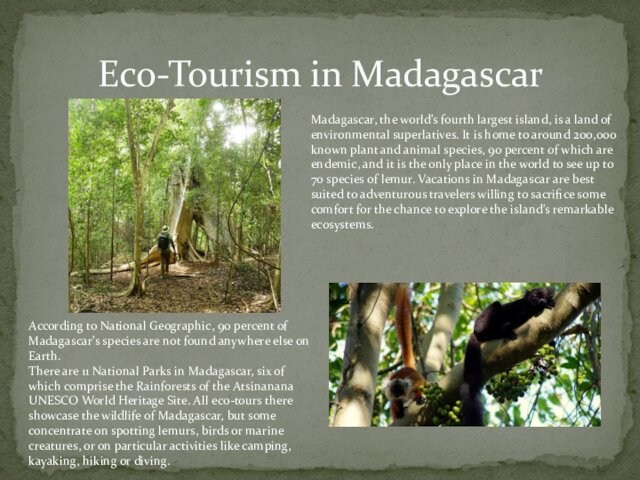 Eco-Tourism in MadagascarMadagascar, the world’s fourth largest island, is a land of environmental superlatives. It is