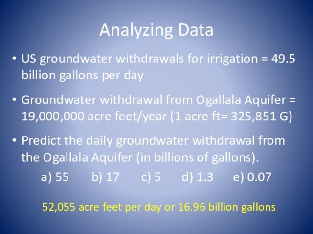 Analyzing DataUS groundwater withdrawals for irrigation = 49.5 billion gallons per dayGroundwater withdrawal from Ogallala Aquifer