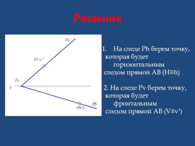 (Н≡h)2. На следе Pv берем точку, которая будет фронтальным следом прямой АВ (V≡vʹ)