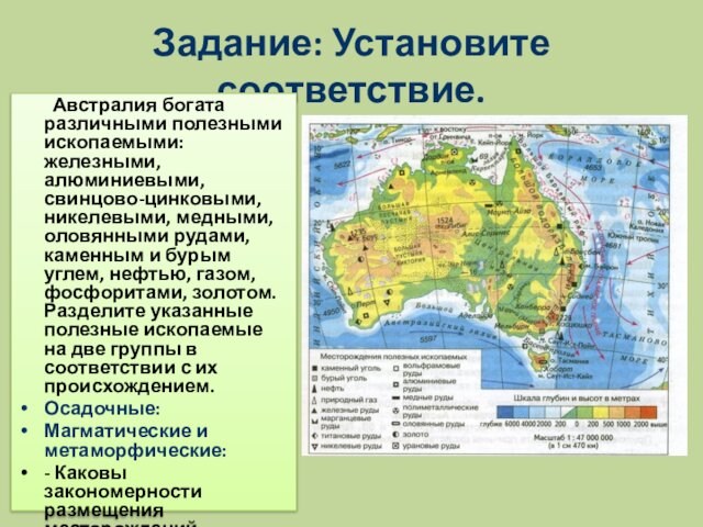 Задание: Установите соответствие.		Австралия богата различными полезными ископаемыми: железными, алюминиевыми, свинцово-цинковыми, никелевыми, медными, оловянными рудами, каменным и