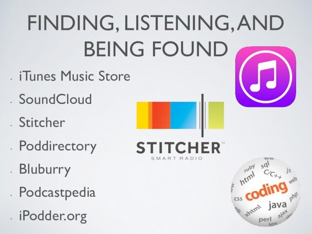 FINDING, LISTENING, AND BEING FOUND iTunes Music StoreSoundCloudStitcherPoddirectoryBluburryPodcastpediaiPodder.org
