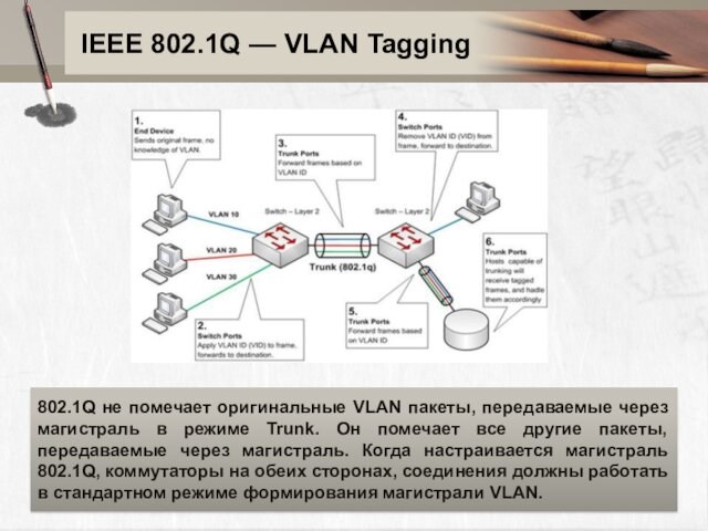 IEEE 802.1Q — VLAN Tagging 802.1Q не помечает оригинальные VLAN пакеты, передаваемые через магистраль в режиме