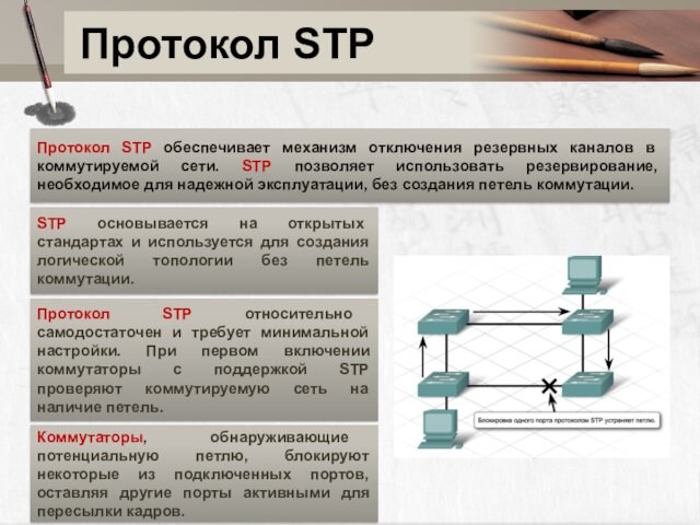 Протокол STP Протокол STP обеспечивает механизм отключения резервных каналов в коммутируемой сети. STP позволяет использовать резервирование,