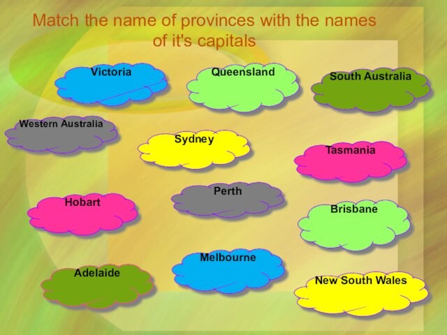 HobartPerthAdelaideVictoriaMelbourneSydneyNew South WalesSouth AustraliaBrisbaneTasmaniaWestern AustraliaQueenslandMatch the name of provinces with the names of it's capitals